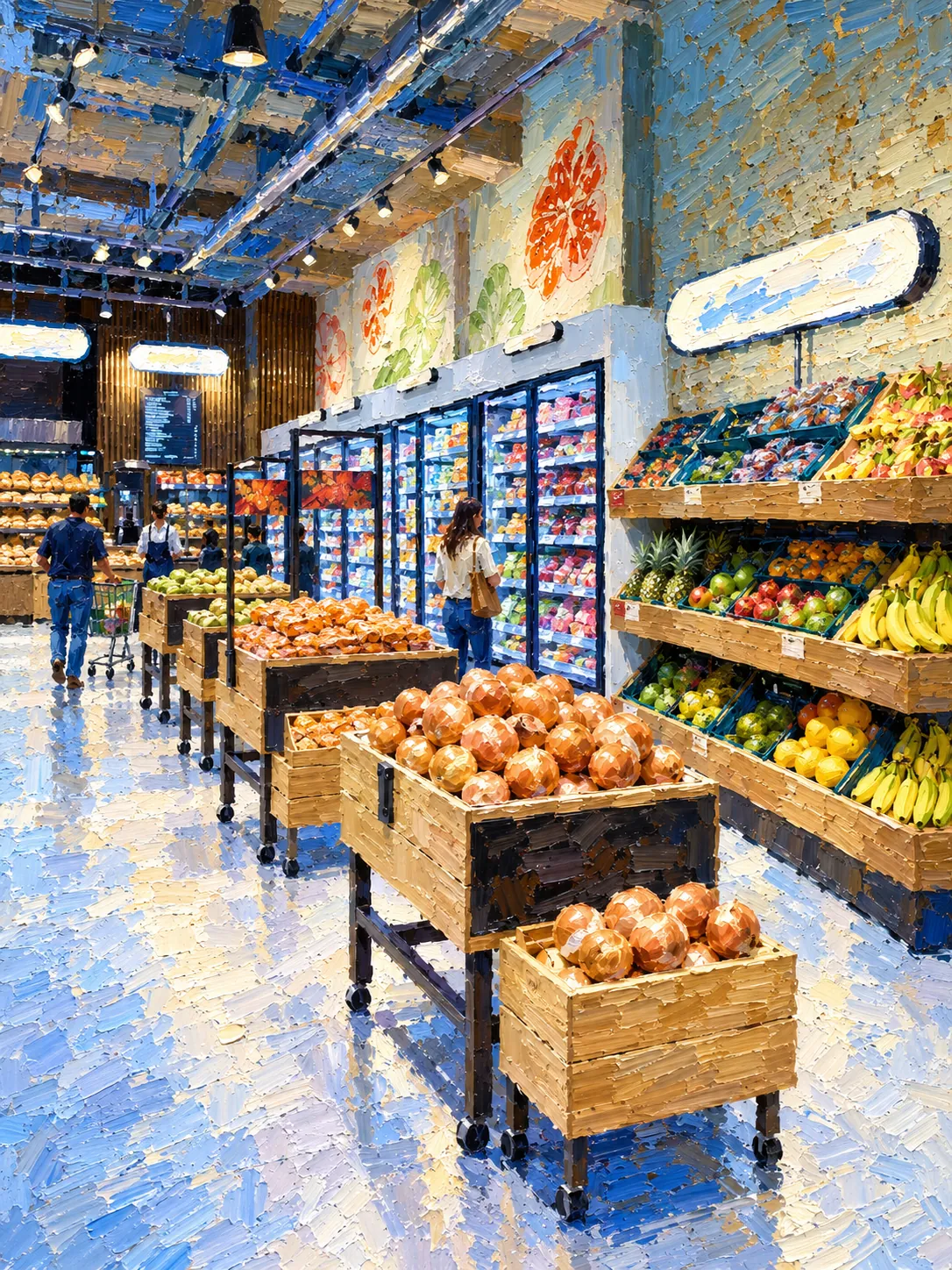Painting of a supermarket produce section: wooden crates of oranges and bananas beside glass refrigerators and shoppers.